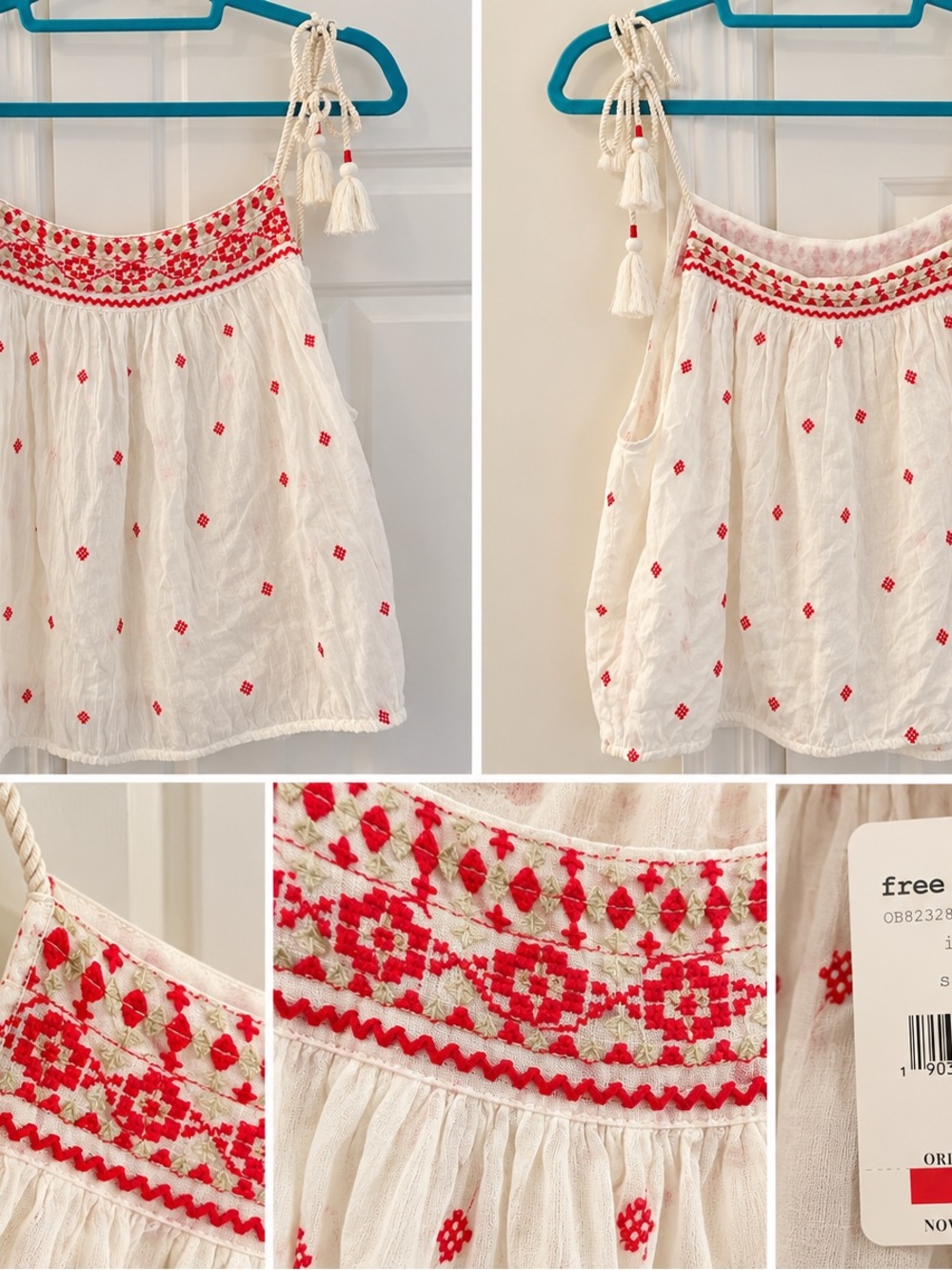 Free People Eternal Love Embroidered Top Ivory Red NWT Size L